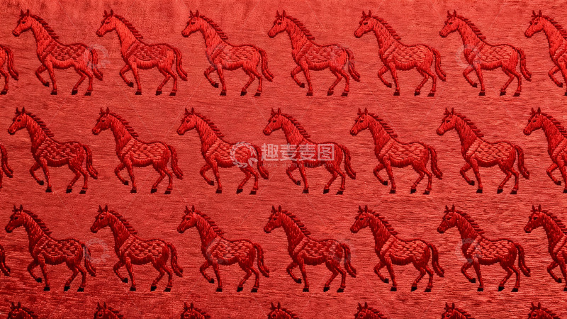 高清大图下载【趣麦麦图】红色布料上的奔跑马纹样图案
