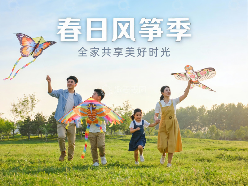 高清大图下载【趣麦麦图】春日郊外放风筝全家乐