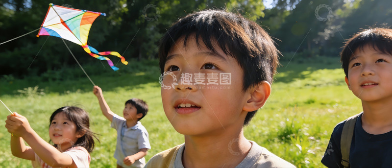 高清大图下载【趣麦麦图】儿童户外放风筝欢乐场景