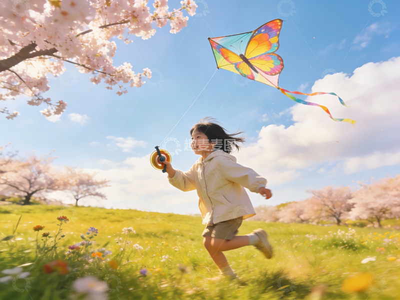 高清大图下载【趣麦麦图】小女孩户外放风筝