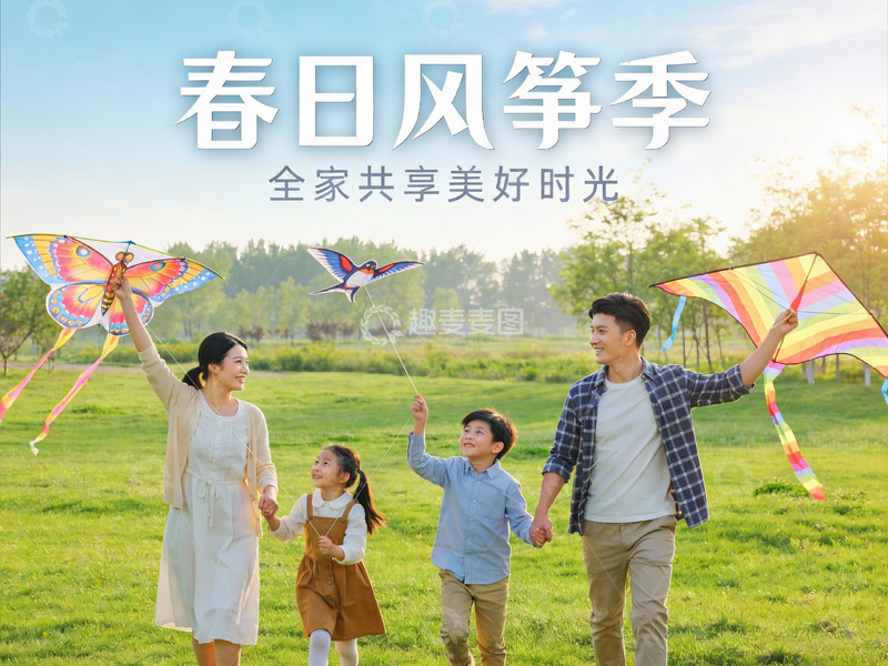 高清大图下载【趣麦麦图】春日郊外放风筝全家乐