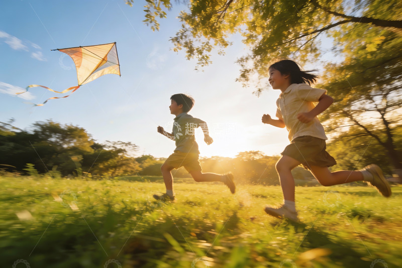 高清大图下载【趣麦麦图】儿童草地上奔跑放风筝