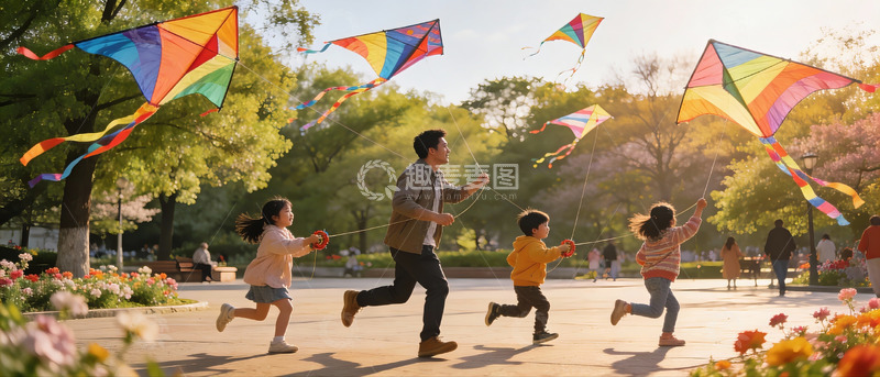 高清大图下载【趣麦麦图】一家四口公园放风筝