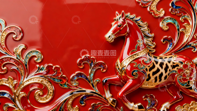 高清大图下载【趣麦麦图】红色背景上的金色马雕艺术