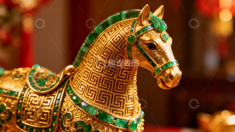 高清大图下载【趣麦麦图】金色马雕镶嵌翡翠华美精致