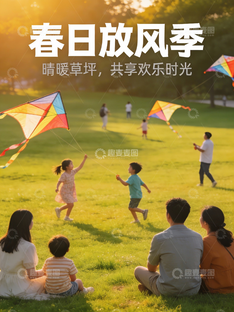 高清大图下载【趣麦麦图】春日草地上放风筝的欢乐家庭