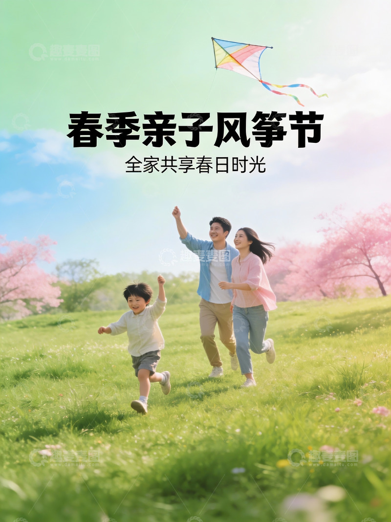 高清大图下载【趣麦麦图】春日亲子放风筝欢乐场景