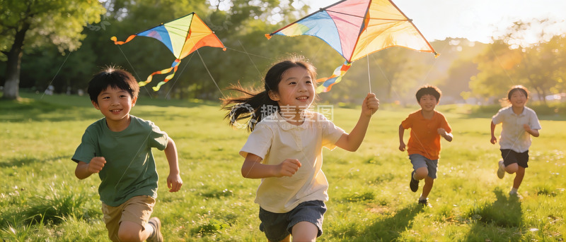 高清大图下载【趣麦麦图】孩子们草地上放风筝奔跑