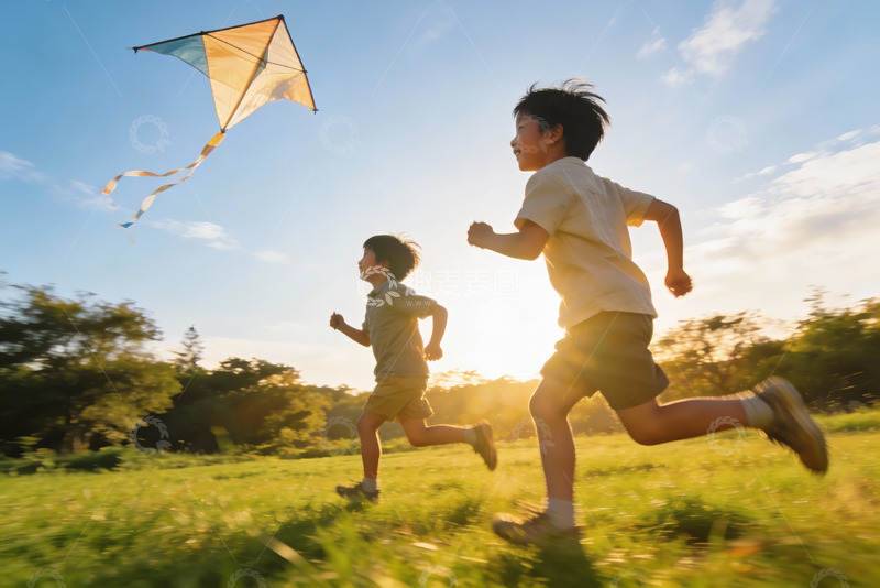 高清大图下载【趣麦麦图】两个男孩在草地上奔跑放风筝