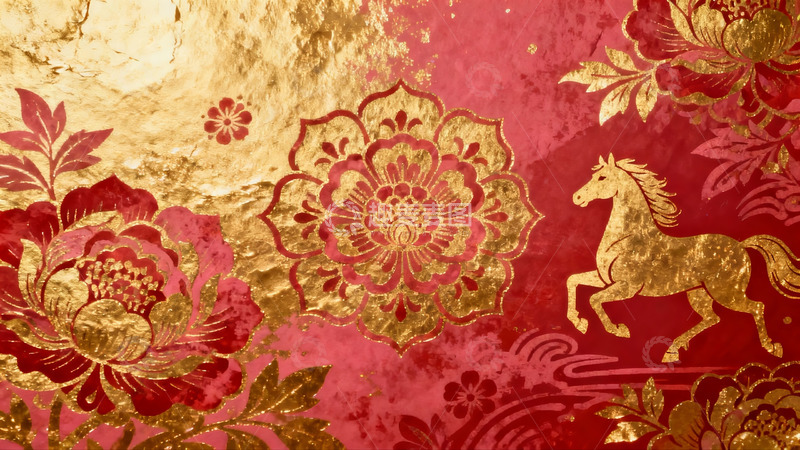 高清大图下载【趣麦麦图】金色马与红色花卉图案装饰画