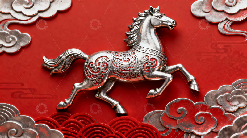 高清大图下载【趣麦麦图】红色背景上的银色骏马雕塑