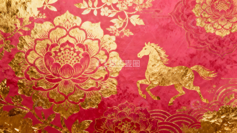 高清大图下载【趣麦麦图】金色马与牡丹图案的红色背景