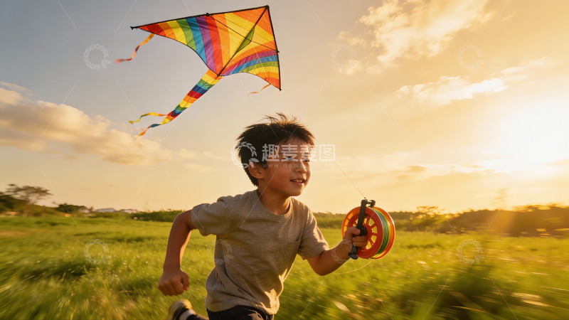 高清大图下载【趣麦麦图】小男孩田野放风筝