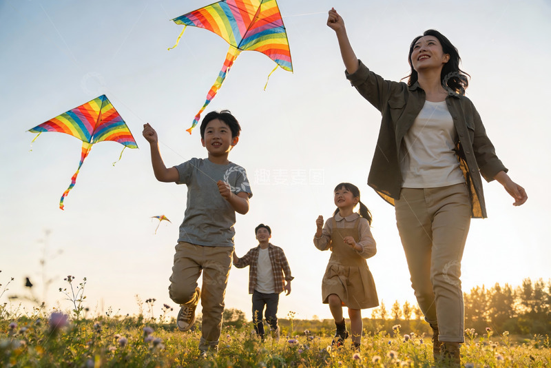 高清大图下载【趣麦麦图】母亲带孩子户外放风筝