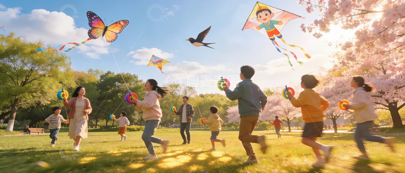 高清大图下载【趣麦麦图】春日公园放风筝欢乐场景