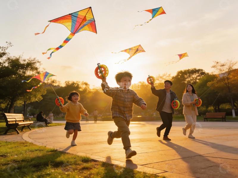 高清大图下载【趣麦麦图】夕阳下一家四口放风筝