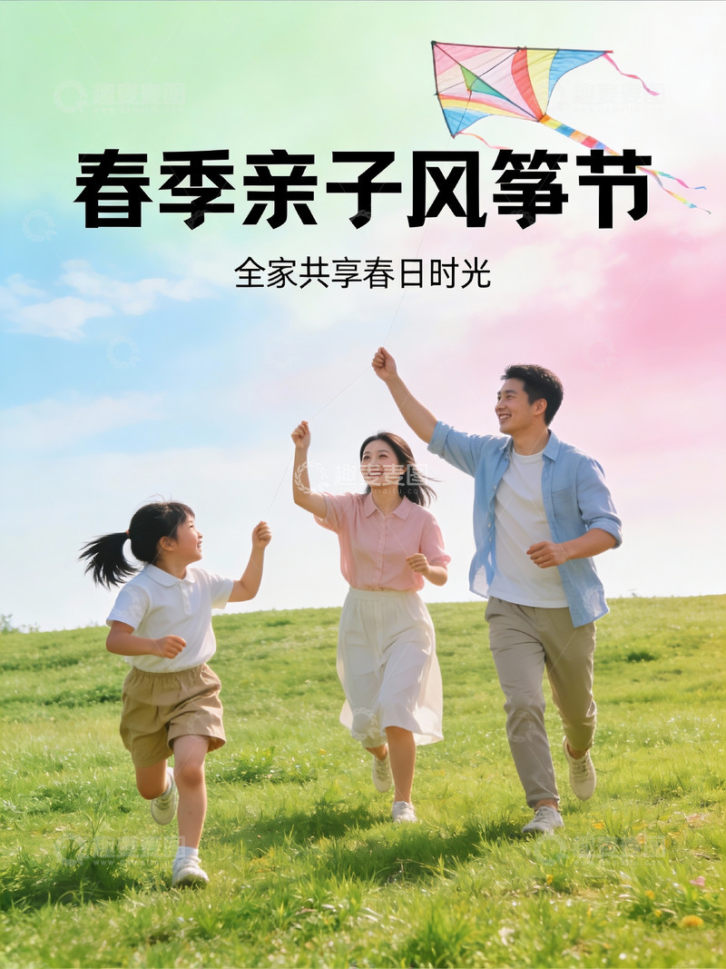 高清大图下载【趣麦麦图】春日亲子放风筝欢乐场景