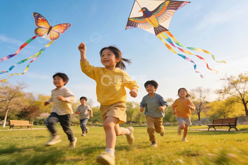 高清大图下载【趣麦麦图】儿童公园放风筝欢乐奔跑