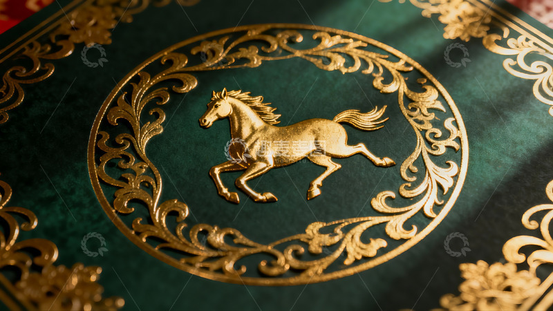 高清大图下载【趣麦麦图】金色骏马图案的绿色封面特写