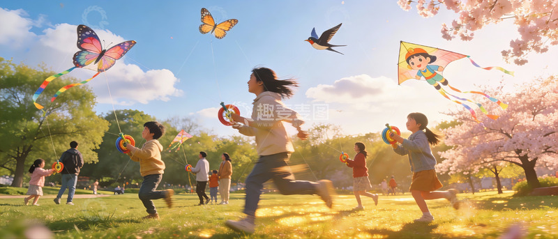 高清大图下载【趣麦麦图】春日公园放风筝欢乐场景