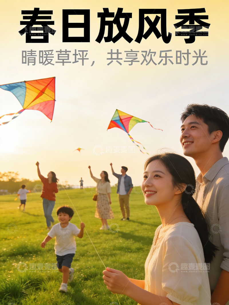 高清大图下载【趣麦麦图】春日草坪放风筝全家乐