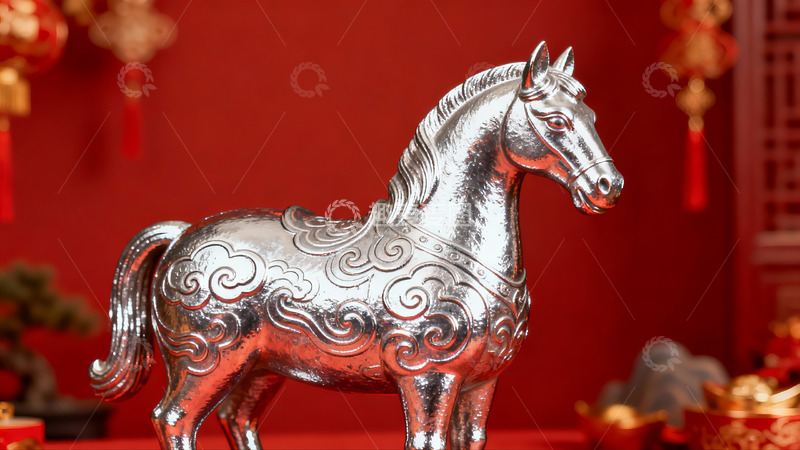 高清大图下载【趣麦麦图】银色马雕置于红色背景前