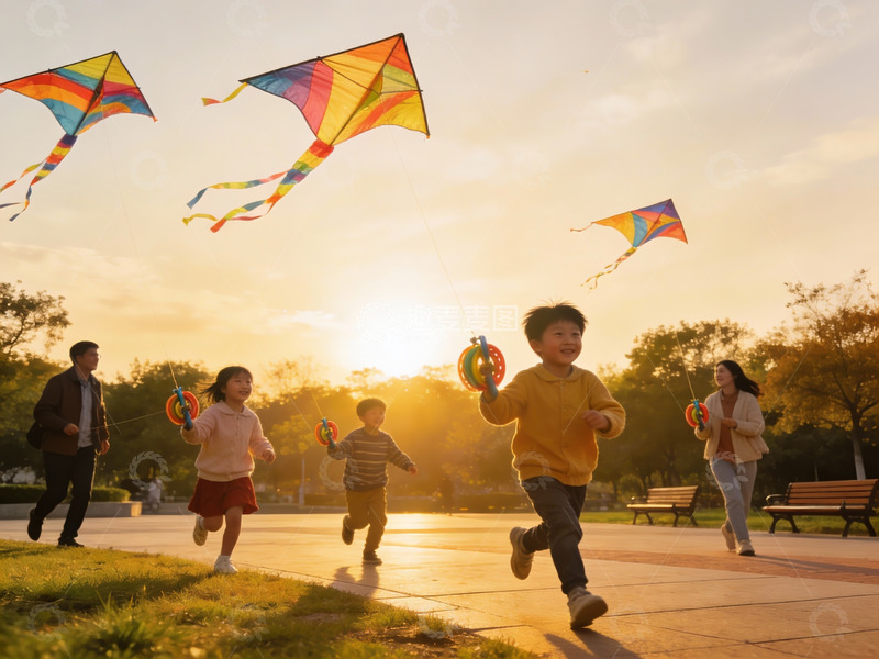 高清大图下载【趣麦麦图】夕阳下亲子放风筝欢乐场景