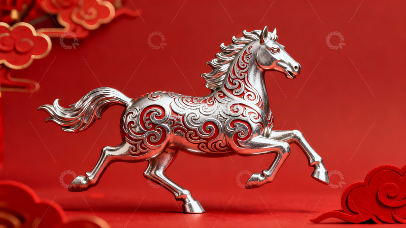 高清大图下载【趣麦麦图】红色背景上的银色骏马雕塑