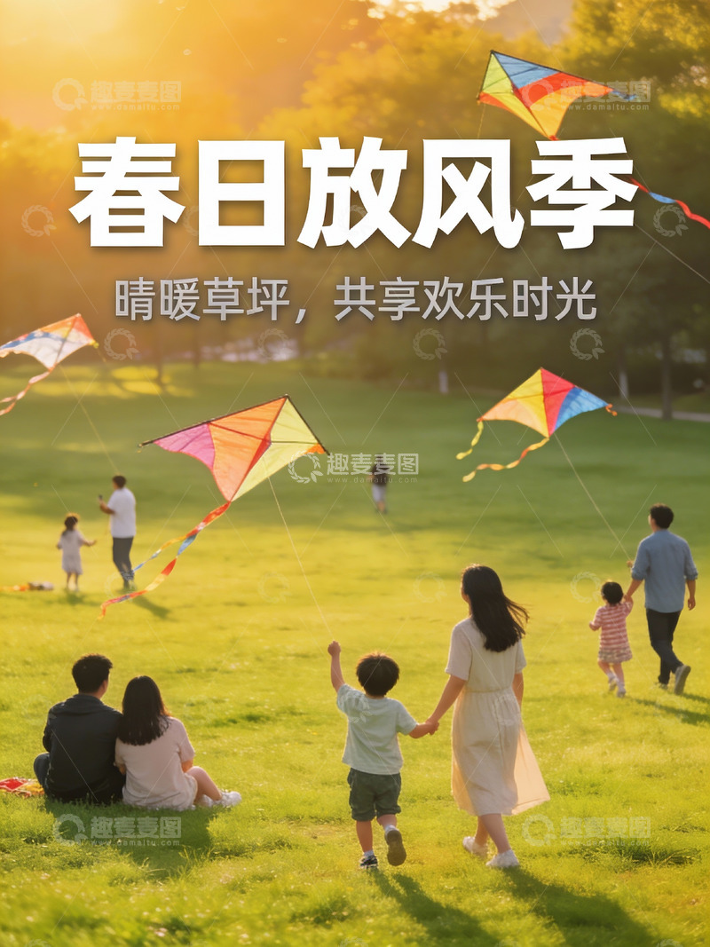 高清大图下载【趣麦麦图】春日草地上放风筝