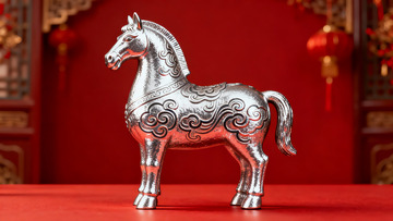 银色马雕置于红色背景之上