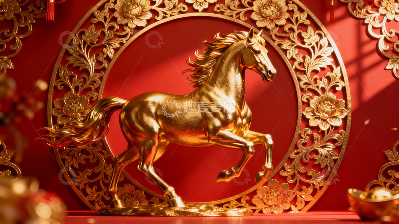 高清大图下载【趣麦麦图】金色骏马雕像映衬红色背景