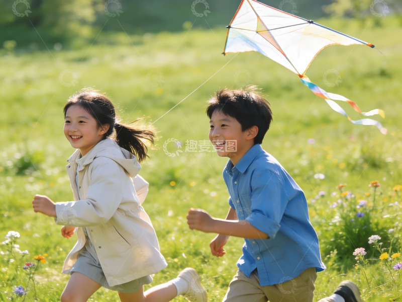 高清大图下载【趣麦麦图】儿童草地上放风筝欢乐奔跑