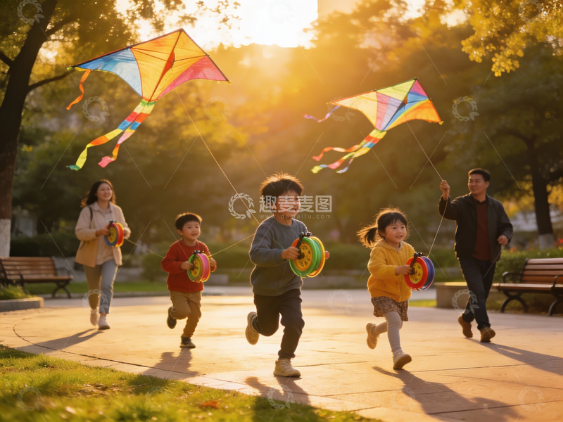 高清大图下载【趣麦麦图】夕阳下一家五口放风筝