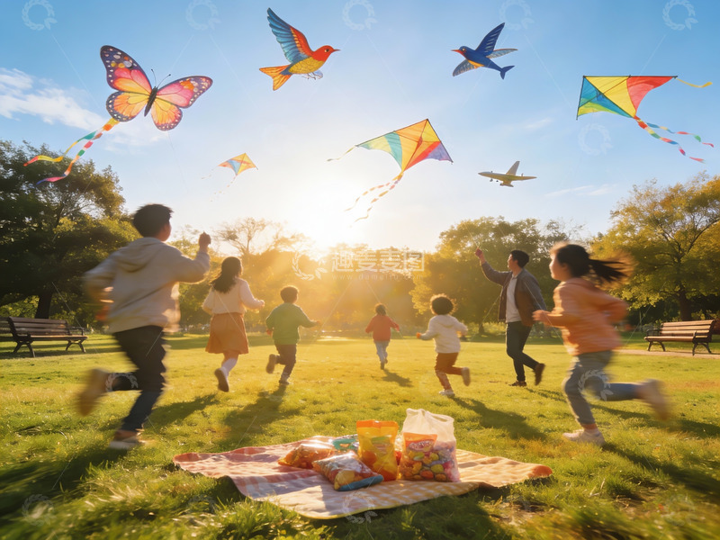 高清大图下载【趣麦麦图】孩子们户外放风筝野餐