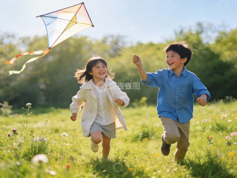高清大图下载【趣麦麦图】儿童草地上放风筝欢乐奔跑