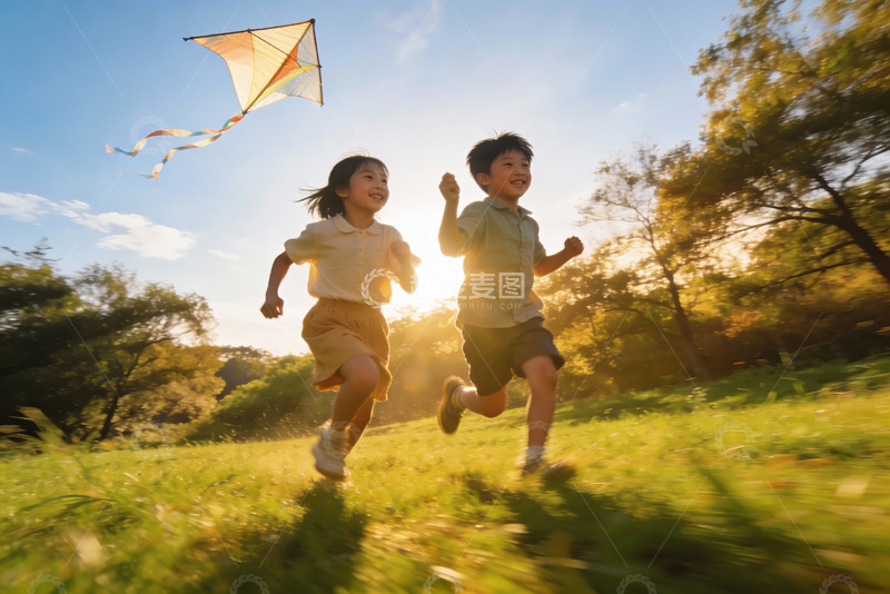 高清大图下载【趣麦麦图】儿童草地上奔跑放风筝
