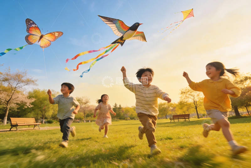 高清大图下载【趣麦麦图】儿童公园放风筝欢乐奔跑