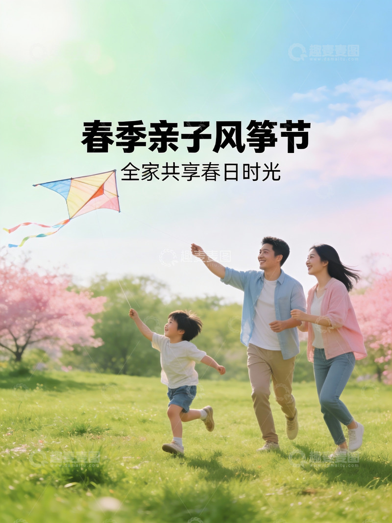高清大图下载【趣麦麦图】春日亲子放风筝欢乐场景