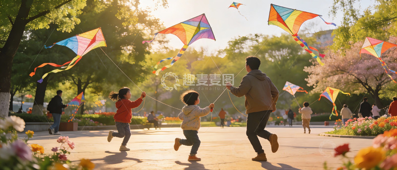 高清大图下载【趣麦麦图】春日公园放风筝亲子欢乐时光