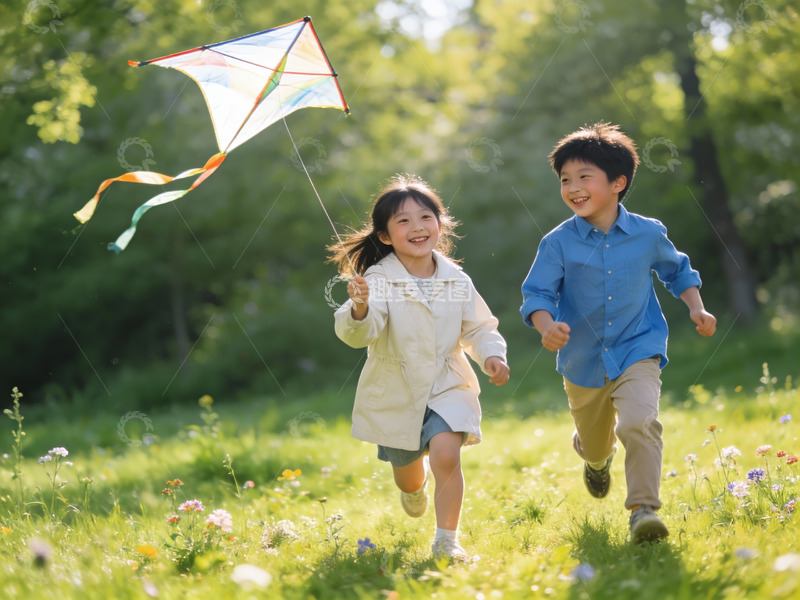 高清大图下载【趣麦麦图】儿童草地上放风筝欢乐奔跑