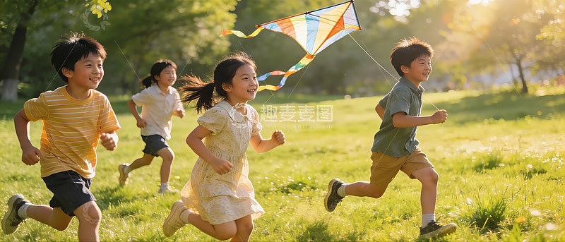儿童草地上放风筝奔跑