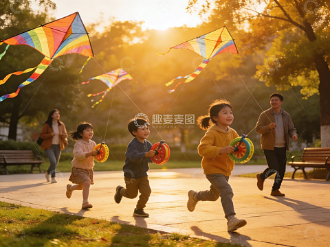 夕阳下亲子放风筝欢乐场景