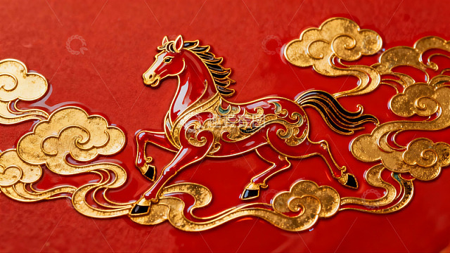 红色背景上的金色马纹饰图案