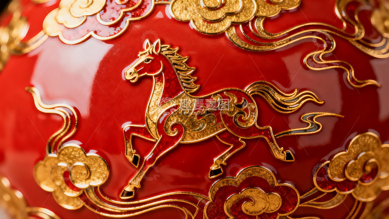 高清大图下载【趣麦麦图】红色底金色马纹装饰细节