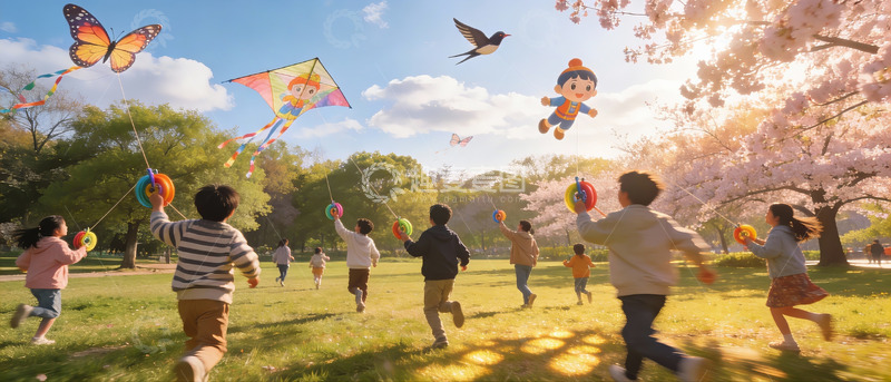 高清大图下载【趣麦麦图】春日公园儿童放风筝