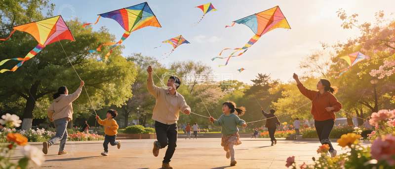 高清大图下载【趣麦麦图】春日公园放风筝全家乐