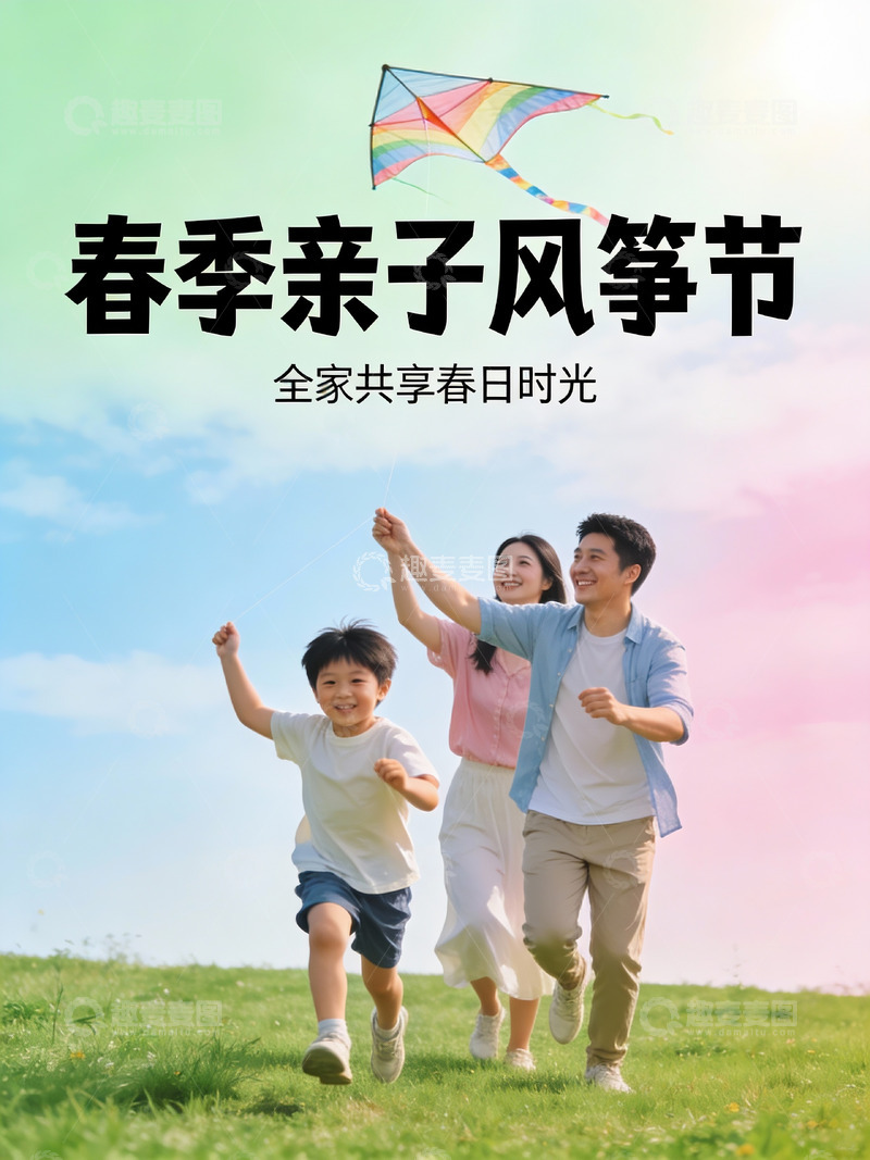 高清大图下载【趣麦麦图】春日亲子放风筝欢乐时光