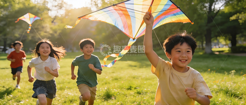 高清大图下载【趣麦麦图】儿童公园放风筝欢乐奔跑