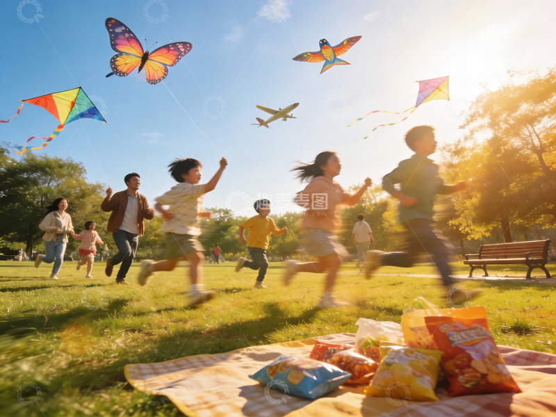 高清大图下载【趣麦麦图】家庭户外放风筝欢乐场景