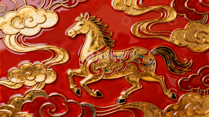 高清大图下载【趣麦麦图】金色骏马祥云图案红色背景